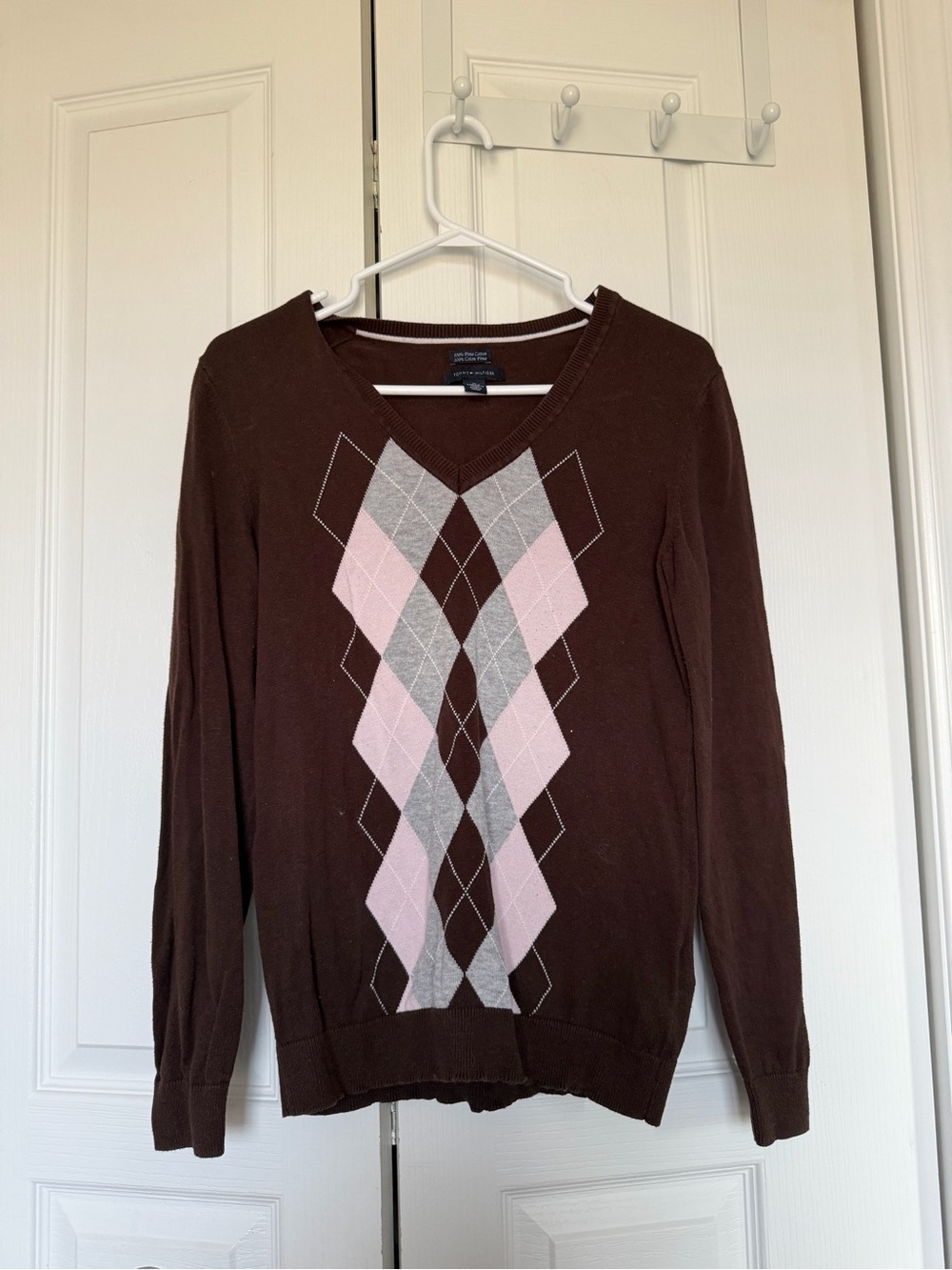 Tommy Hilfiger Brown V-Neck Sweater with Pink & Gray Argyle